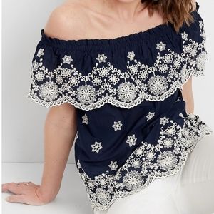 Maurices Off The Shoulder Embroidered Navy Blue and White Top